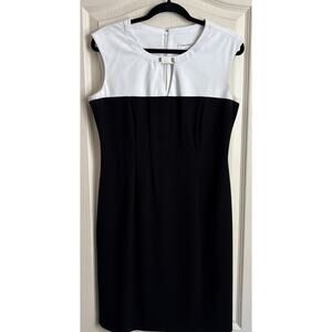 Calvin Klein Black and White Neck Slit Gold Bar Work Dress Size 10